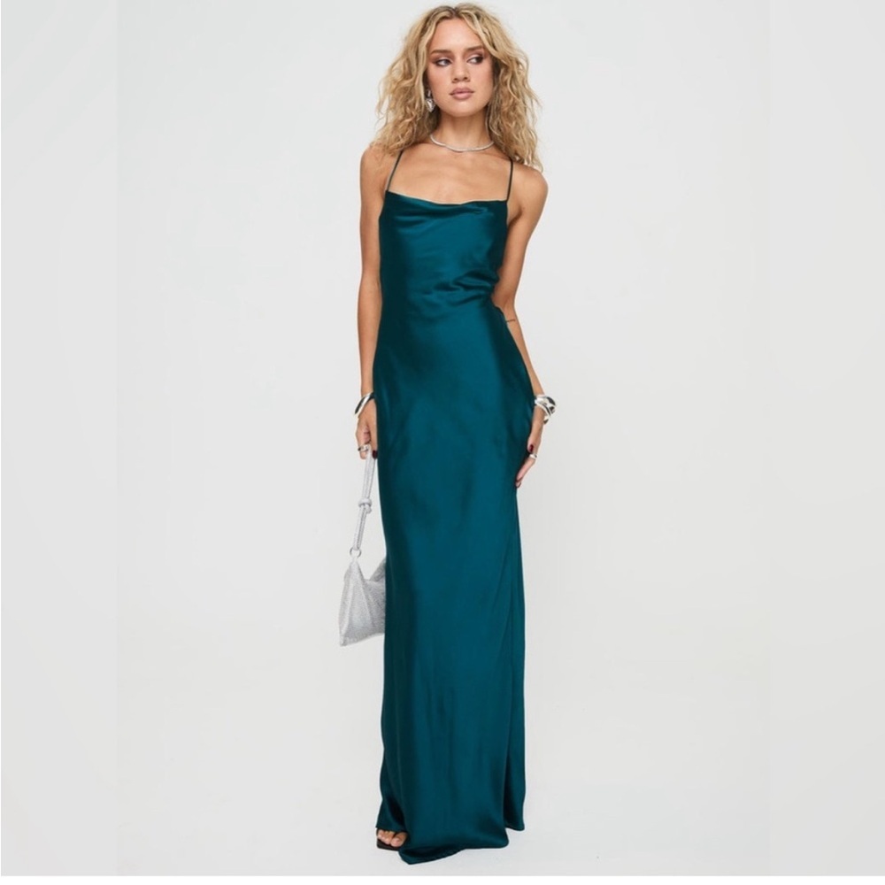 Princess Polly teal satin lace up corset back maxi dress nwot